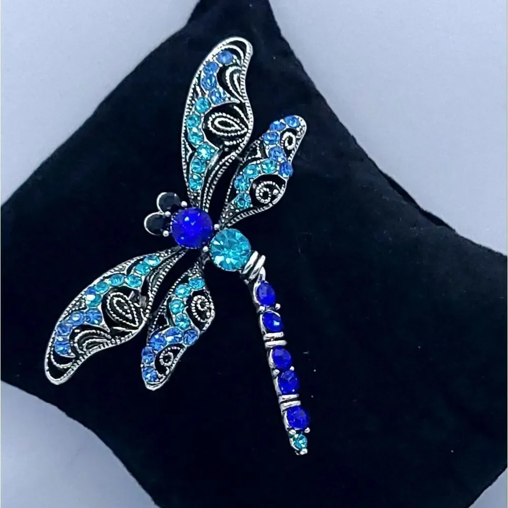 Blue Rhinestone Dragonfly Brooch Articulated Tail Silver Statement Pin Gift NIP